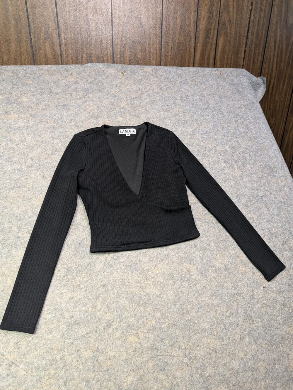 I.AM.GIA Black Wrap Front Long Sleeve Crop Shirt Top Medium Classic Minimalist